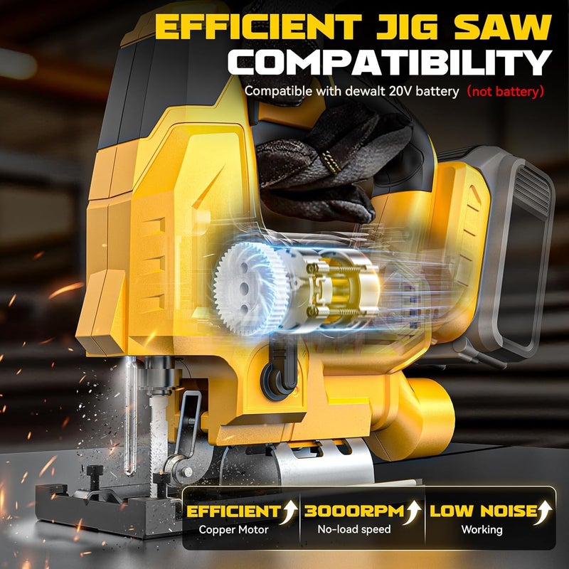 Ecarke Cordless Jig Saw Compatible With Dewalt 20V Battery (Only Tool), 4 Orbital Sets, 6 Variable Speeds Control, Dust-Blowing, ±45° Bevel Cuts, LED Light and 6PCS Blades For Cutting - Image 4